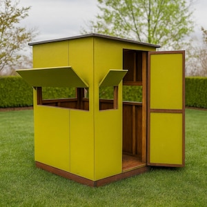 Puede incluir: Una casita de juegos de madera verde lima con techo y molduras marrón oscuro. La casita tiene dos ventanas pequeñas y abiertas con tapas con bisagras y una puerta entreabierta. Está situada sobre un césped verde con árboles al fondo.
