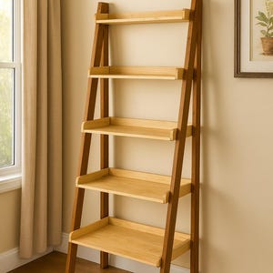 May include: A wooden leaning ladder shelf with five shelves. The frame is a dark brown, and the shelves are a lighter natural wood colour. The shelf is leaning against a beige wall, next to a window with a beige curtain.