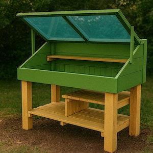 Puede incluir: Un banco de jardinería de madera con marco verde y patas amarillas. El banco tiene una tapa transparente con bisagras y un estante inferior. Diseñado para jardinería y uso al aire libre.