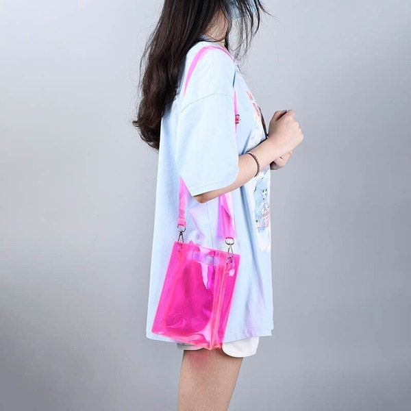 Clear neon color Messenger Shoulder Bag,  6" X 8" X 2.5",  15 X 21 X 6.5 cm, Crossbody Women's Messenger Bags, Metal Hook, D Cut Handles