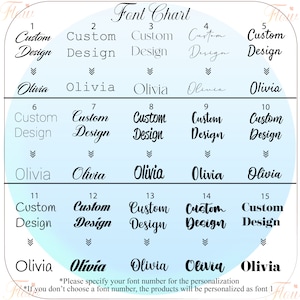 May include: A chart showing 15 different font styles for customizing designs. The chart is labeled "Font Chart" and each font style is numbered 1 through 15. The word "Custom Design" is written in each font style, followed by the word "Olivia".
