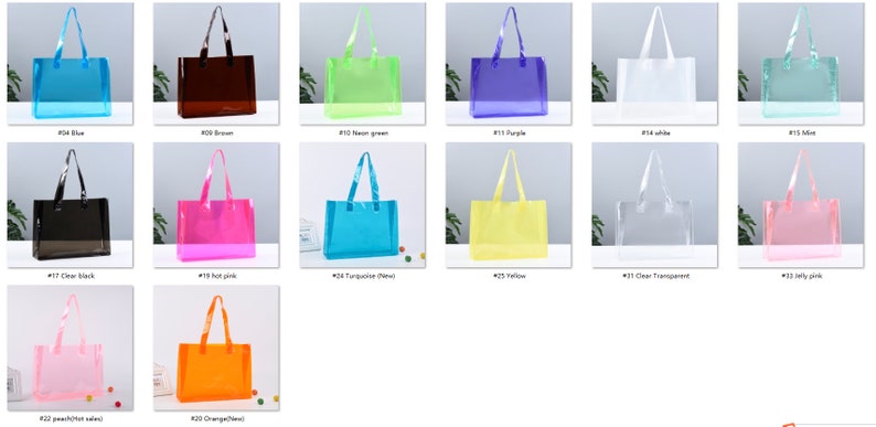 May include: A set of 13 clear plastic tote bags in various colors, including blue, brown, green, purple, white, mint, black, hot pink, turquoise, yellow, clear, jelly pink, and peach. Each bag has a handle and is made of a clear plastic material.