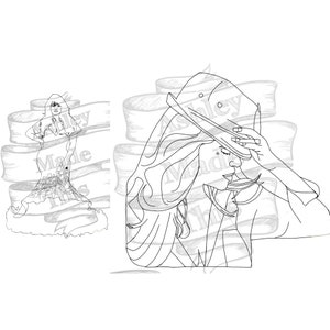 May include: Line art drawing of a woman with long hair wearing a hat. She is covering her face with her hand. The drawing is in black and white.