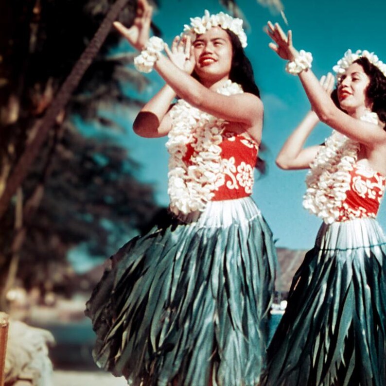 May include: Two women in traditional Hawaiian attire perform a dance. They wear red and white tops, leaf skirts, and flower leis. The background shows palm trees and a blue sky, evoking a tropical setting.