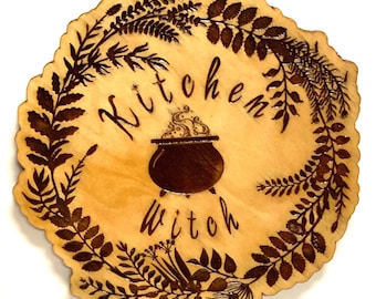 Birch Wood Kitchen Witch Engraved Sign, 8.27" Round
