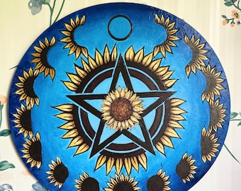 Sunflower pentagram, handpainted wall hanging sign