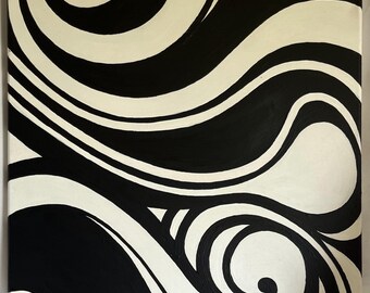 Abstract Swirl Acrylic Painting, Black and White Canvas (20x16)