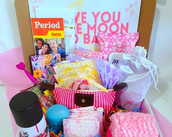 First Flow Box, starter kit, period, love you to the moon, tweens, care package, first period, personalized message, menstruation kit, gift