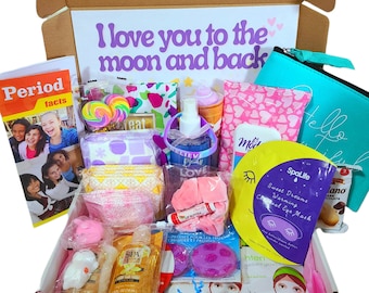 I Love You to the Moon, First Flow Spa Gift Box, starter kit, period box, tween, care package, menstruation, gift, facials, pads, candy, kit