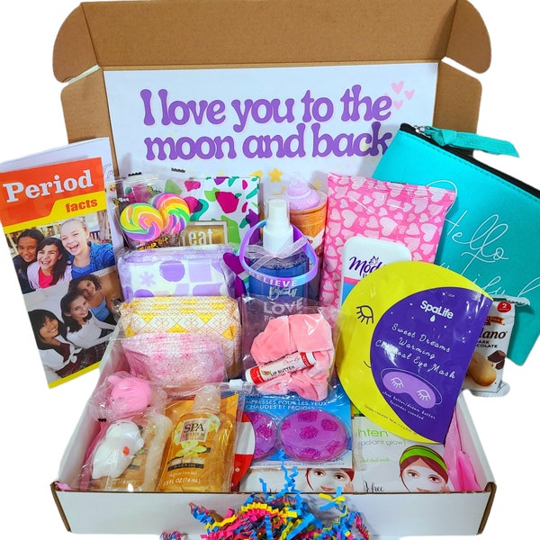 I Love You to the Moon, First Flow Spa Gift Box, starter kit, period box, tween, care package, menstruation, gift, facials, pads, candy, kit