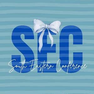 May include: Blue and white graphic design featuring the letters "SEC" in a bold blue font, with a white bow on top. The words "South Eastern Conference" are written in a cursive font below the letters. The background has blue horizontal stripes.