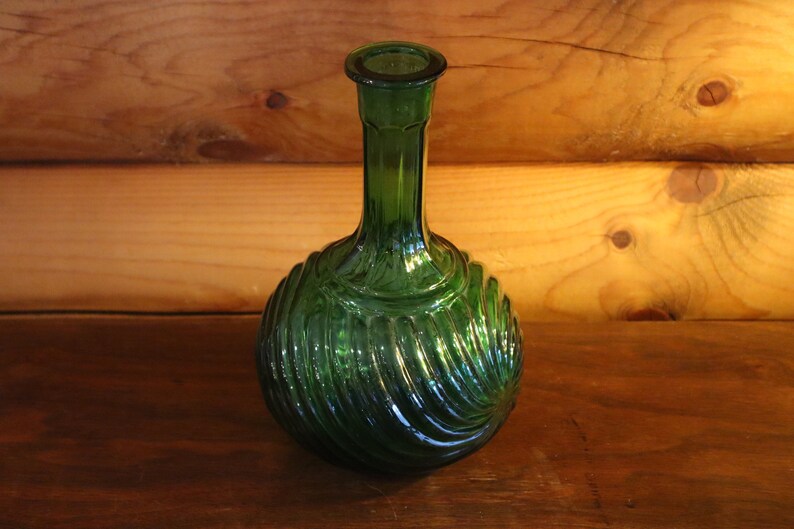 Vintage Green Glass Vase With Swirl Design Etsy