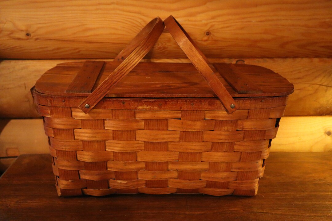 Large Rustic Jerywil Wovnwood weaved Wood Picnic Basket Set Etsy