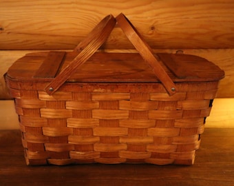 Large Rustic Jerywil Wov-n-Wood "Weaved Wood" Picnic Basket Set