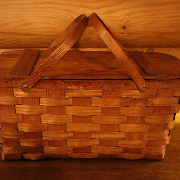 Large Rustic Jerywil Wov-n-Wood "Weaved Wood" Picnic Basket Set