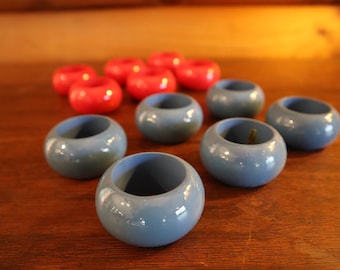 Set of 12 Blue & Red Wooden Napkin Rings