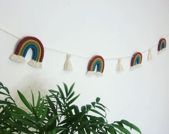 Macrame rainbow bunting, nursery room, mini rainbow, mid century modern, wall art, minimalist home decor, custom gift, banner, flag