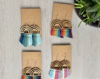 Macrame rainbow earrings, mini wooden rainbow earrings, rainbow earrings in the uk, macrame hoop earrings uk, boho rainbow earring, earrings