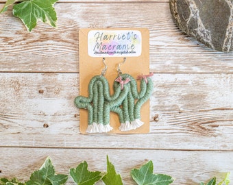 Macrame cacti earrings, mini macrame rainbow, cactus earrings in the uk, macrame cacti uk, boho succulent earring, quirky earrings