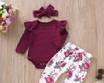 Newborn Baby Girls Floral Romper Top Jumpsuit Pants Headband Outfits Clothes Set