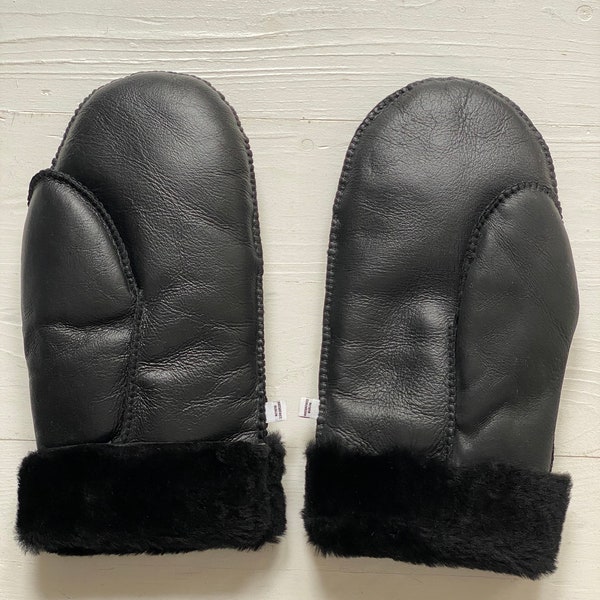 Hanschuhe "Warme Paws" 100% LAMMFELL Mittens LEDER Very soft Black FELL