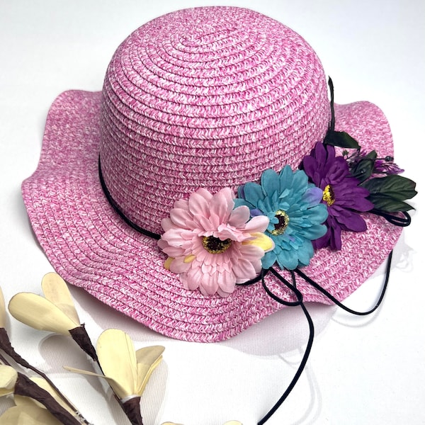 Children Girls Straw Hat with Flowers Wide Brim Summer Beach Easter Sunday