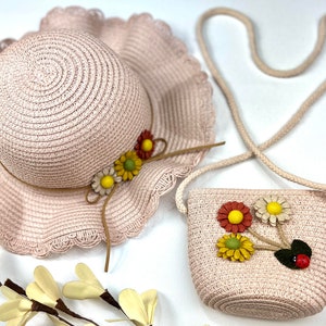 Children Girls Straw Hat with Flowers Lady Bug and Purse Set Summer Spring