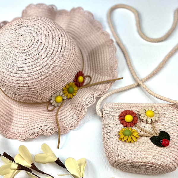 Enfants filles chapeau de paille avec fleurs coccinelle et sac à main ensemble été printemps