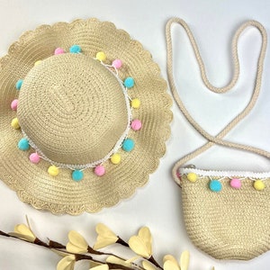 Children Girls Straw Hat and Shoulder Bag Set Summer Spring