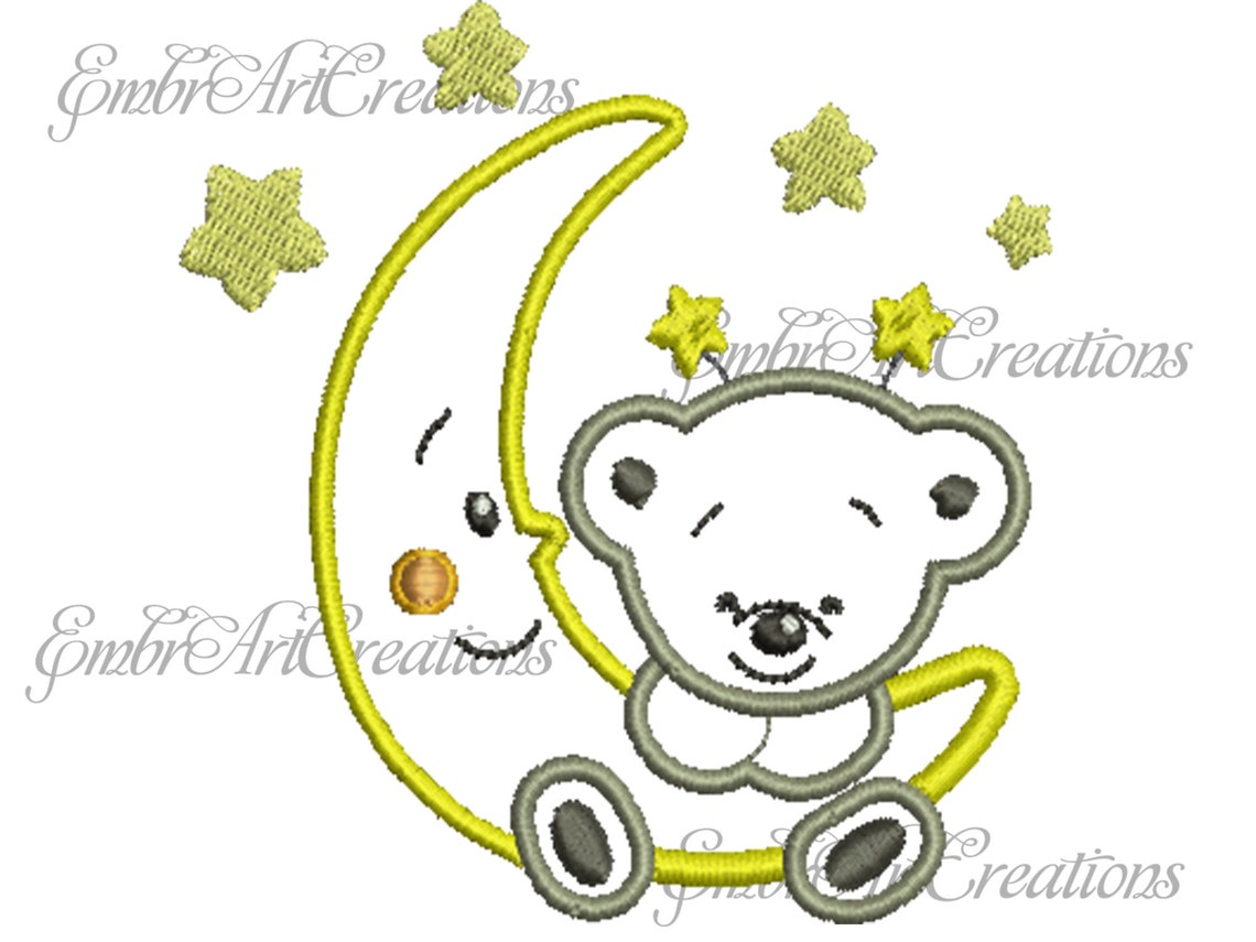 Bear on the moon embroidery applique design machine  etsy