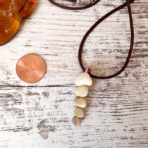 May include: A brown leather cord necklace with a pendant made of stacked, light brown and white stones. The pendant is about the size of a US penny.