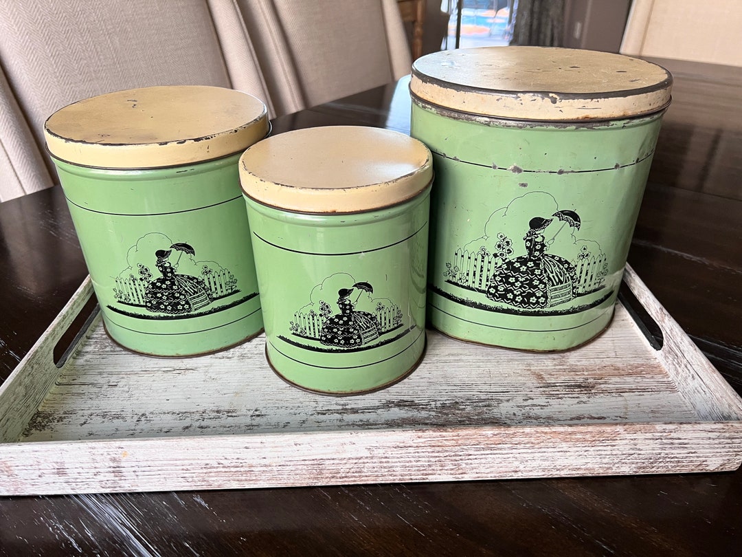Vintage Cherrydale Farms SET of 3 Green Tin Kitchen Canisters Etsy