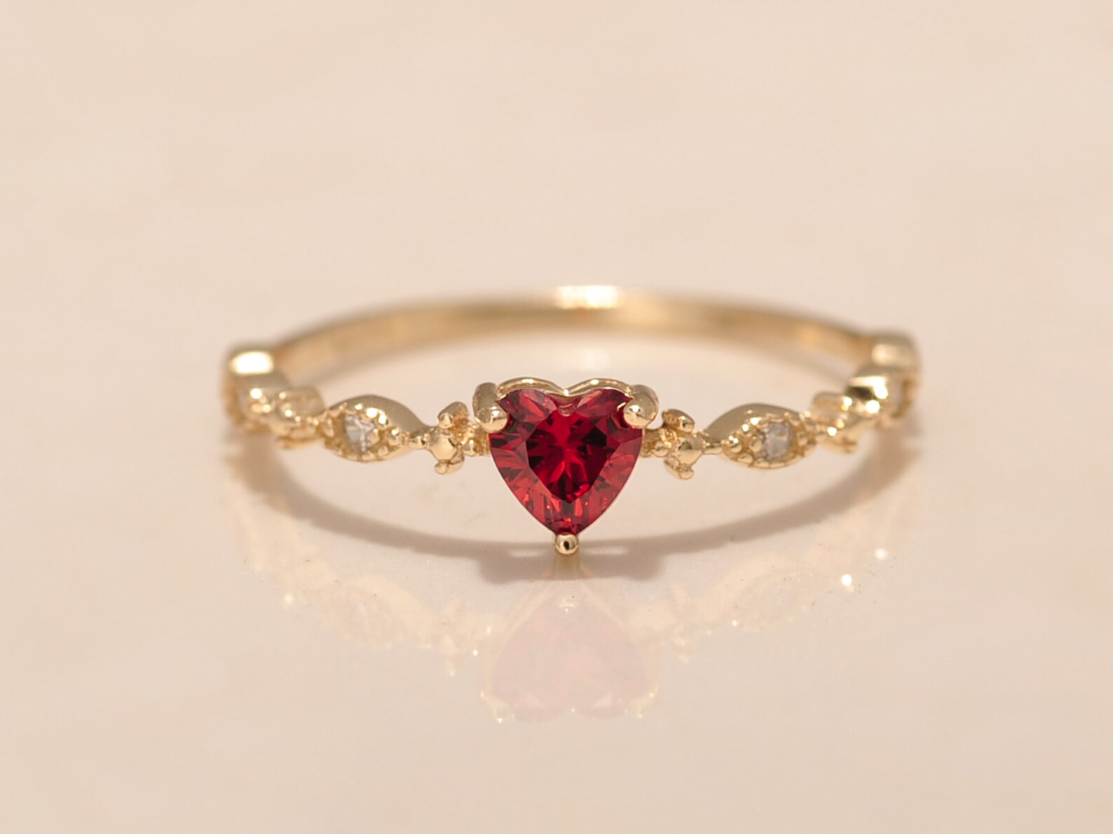 Gold Red Heart Ring 14K Gold Plated Stack Ring in Sterling Etsy
