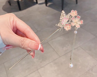 Butterfly peach blossom pearl hairpin Hanfu bun ancient costume tassel hairpin cheongsam step-shaking hairpin hair accessories