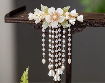Ancient style pearl tassel hairpin, half-tied back of head, Hanfu cheongsam accessories, super fairy bun spring clip