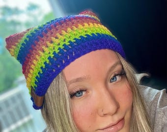 Rainbow Crochet Cat Ear Beanie: LGBTQ+ Pride Hat, Custom Colors