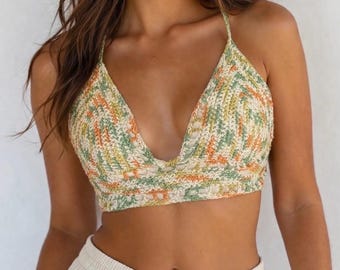 Top halter de crochet hecho a mano / Bralette estilo boho para festivales, top corto de playa de verano