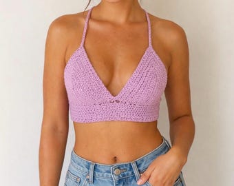 Handgemachtes gehäkeltes Neckholder-Top | Boho Festival Bralette, Sommer Strand Crop | Lila Pink