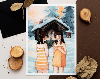 Nordic sauna postcard - girls in sauna, lovely winter greeting card