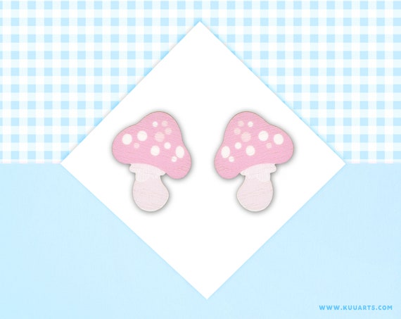 Plywood earrings - SUPER LIGHT - Cute little mushroom pink stud earrings - by Kuu Arts