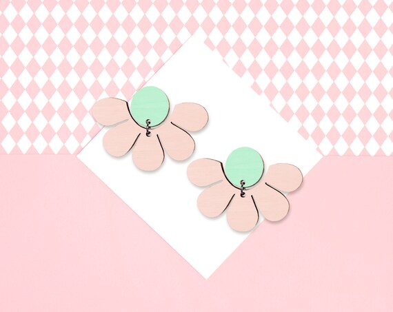 Plywood earrings Studs - Half daisy pastel pink mint - girly and cute earrings - Handmade In Finland - Kuu Arts