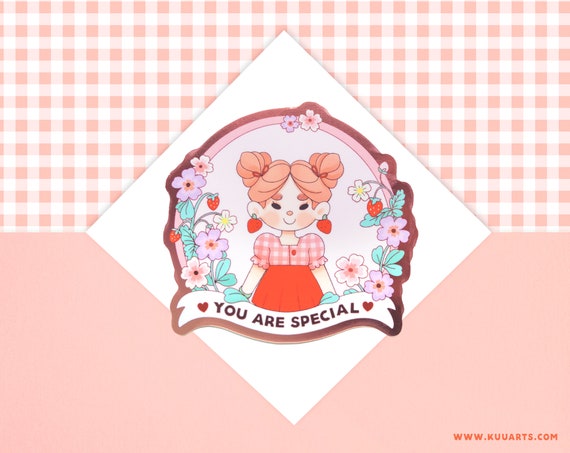 BIG Holographic Effects Vinyl Sticker Waterproof and dishwasher proof - Cute strawberry flowers red pink - You Are Special by Kuu Arts