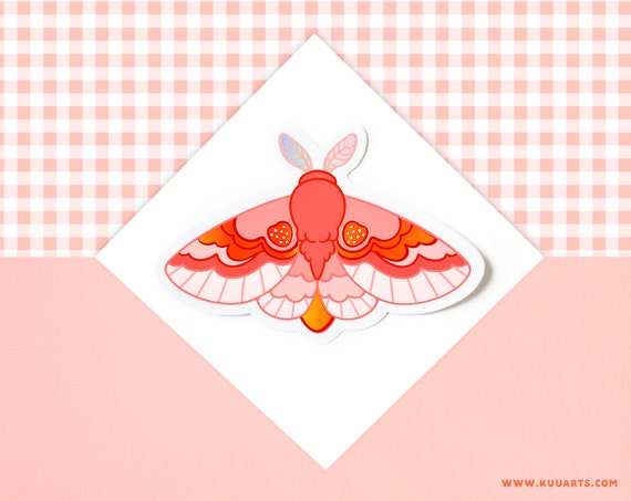 Holographic Effects Vinyl Sticker Waterproof and dishwasher proof - Cute strawberry moth red pink by Kuu Arts