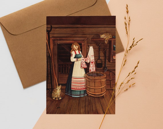 Watercolor postcard - Karelian folktale folklore fairytale painting postcard