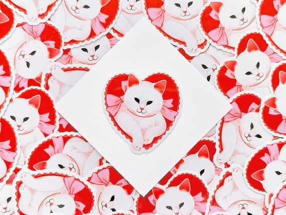 Valentines day cute kawaii kitty cat  - glitter red waterproof vinyl sticker - Kuu Arts