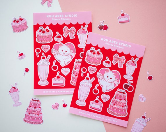 Sticker sheet - Cute kawaii Kitty cherry desserts cake stickers pink and red  - girly Larme - Kuu Arts