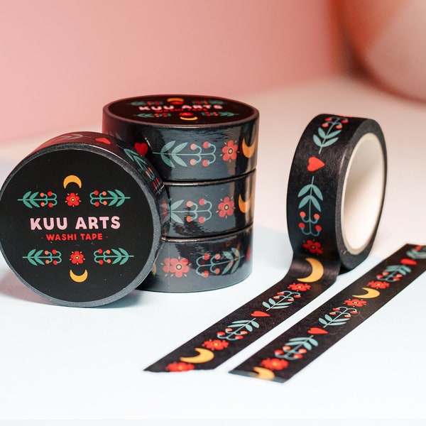 Washi tape - Black moon floral Karelian folklore pattern masking tape - For journaling, scrapbooking, Bullet journal - Kuu Arts