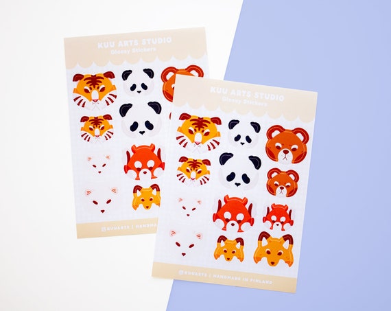 Sticker sheet - Cute kawaii animals - panda, red panda, fox, tiger, bear - Kuu Arts