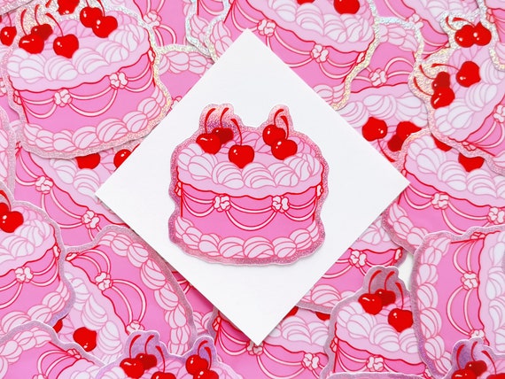 Cake dessert cherry vintage cake - Pixiedust glitter pink waterproof vinyl sticker - Kuu Arts