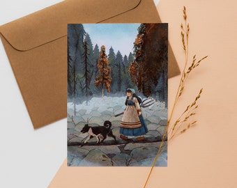 Watercolor postcard - Karelian folktale folklore fairytale painting Nordic Scandinavian postcard